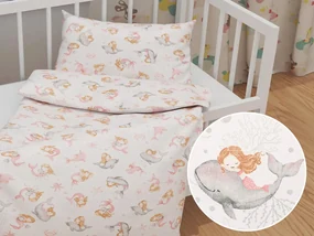 Biante Detské bavlnené posteľné obliečky do postieľky Sandra SA-527 Ružové morské panny s delfínmi a veľrybami na bielom Do postieľky 90x140 a 40x60 cm
