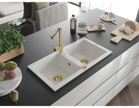 Mexen Mario, 2-komorový granitový drez 820x436x161 mm a zlatá lesklá drezová batéria Duero, biela, 6504-20-671600-50