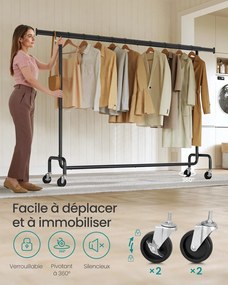 Stojan na oblečenie na kolieskach, extra dlhý, prenosný, čierny