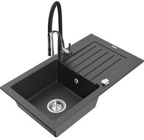 Mexen Pablo, 1-komorový granitový drez 752x436x161 mm a drezová batéria Aster, čierna škvrnitá, 6510-76-73450-07