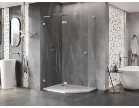 Mexen Lunar, L päťuholníkový sprchový kút naklápací doľava 90 x 80 cm, 8mm číre sklo, chrómový profil, 831L-090L-080P-01-00-L