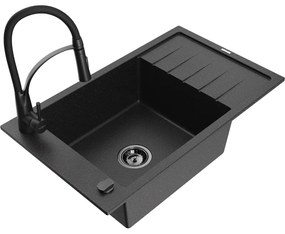 Mexen Elias, 1-komorový granitový drez 795x480x200 mm a drezová batéria Aster, čierna-strieborná metalíza, 6511-73-73450-70-B