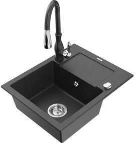 Mexen Enzo, 1-komorový granitový drez 576x465x174 mm a drezová batéria Savita, čierna škvrtnitá, 6506-76-672601-76