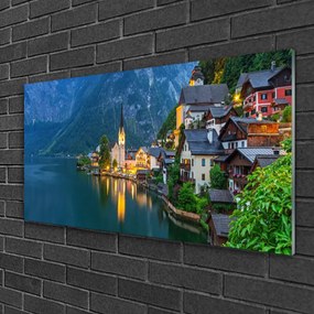 Skleneny obraz Hory mestečko noc jazero 140x70 cm