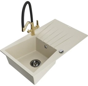Mexen Cesar, 1-komorový granitový drez 775x470x190 mm a drezová batéria Duo, béžová, 6514-69-671701-57-B