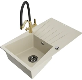 Mexen Cesar, 1-komorový granitový drez 775x470x190 mm a drezová batéria Duo, béžová, 6514-69-671701-57-B