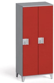 Šatníková skriňa S4, 2 oddiely, 1400 x 600 x 400 mm, demont, otočný zámok, sivá/červená