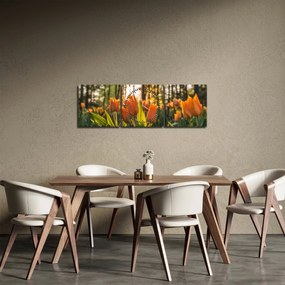 Obraz - oranžové tulipány (s hodinami) (90x30 cm)
