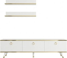 TV stolík BALANCE 150 cm s dvoma nástennými policami, biela/zlatá