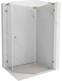 Mexen Lunar, L pravý výklopný päťuholníkový sprchový kút 90 x 80 cm, 8mm číre sklo, profil medená matná, 831L-090P-080L-65-00-P