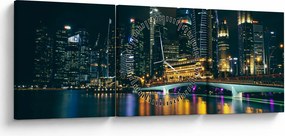 Obraz nočného Singapuru (s hodinami) (90x30 cm)