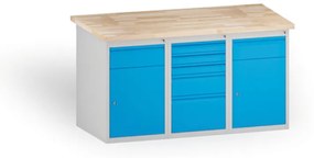 Dielenský stôl KOVONA, 2 závesné skrinky so zásuvkou a 5 zásuviek na náradie, buková škárovka, 1500 mm