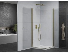 Mexen Pretoria Duo, sprchovací kút s 2-krídlovými dverami 90 (dvere) x 90 (dvere) cm, 6mm číre sklo, zlatý profil + slim sprchová vanička 5cm biela so zlatým sifónom, 852-090-090-50-02-4010G