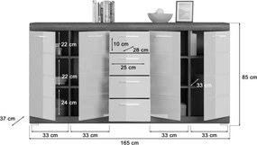Široká komoda Scout, 165 cm, sivý dub/biely lesk