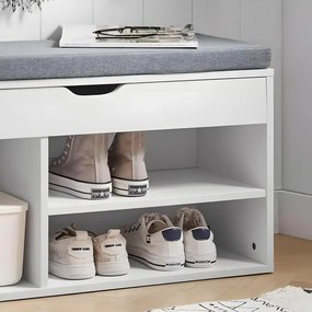 ModernHome Skrinka na topánky so sivým vankúšom a otváracím sedadlom, 3 biele police