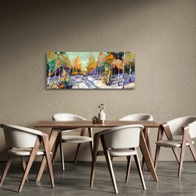 Obraz - Zasnežená cesta lesom, olejomaľba (120x50 cm)