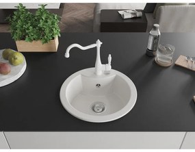 Mexen Diego, granitový drez 488x488x167 mm, 1-komorový a drezová batéria Carla, biela, 6512-20-670700-20