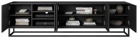 TV skrinka Asha 200 cm s ryhovanými dvierkami a kovovou podnožou - čierny mat