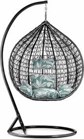 Čierne závesné kreslo KOKON so stojanom, zeleno-biely vankúš