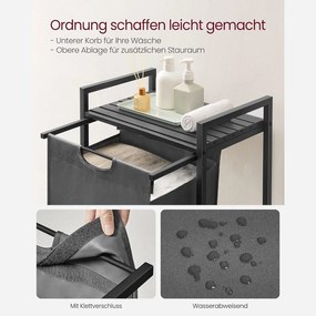 Kôš na bielizeň, s policou, kovový rámom, sivý