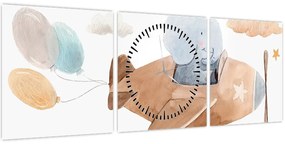 Obraz - Akvarelový slon v lietadle (s hodinami) (90x30 cm)