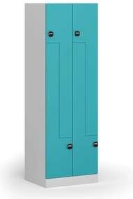 Kovová šatníková skrinka Z, 4 oddiely, 1850 x 600 x 500 mm, demont, zámok s čítačkou RFID kariet, zelené dvere