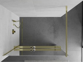 Mexen Kioto+, sprchová zástena s poličkou a držiakom na uteráky 80 x 200 cm, 8mm sklo vzor zrkadlo, zlatý profil, 800-080-121-50-50