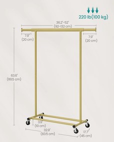 Kolesový stojan na oblečenie, vysoká nosnosť 100 kg, 45 x (92–132) x 161,5 cm, svetlo zlatý