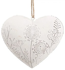 Biele antik plechové ozdobné závesné srdce s kvetmi - 11*2*10 cm