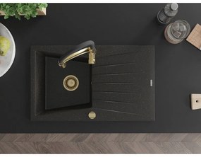 Mexen Cesar, 1-komorový granitový drez 775x470x190 mm a drezová batéria Aster, čierna-zlatá metalíza, 6514-75-73450-57-G