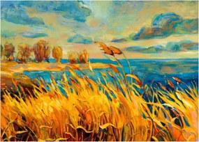 Sklenený obraz - Západajúce slnko nad jazerom, akrylová maľba (70x50 cm)