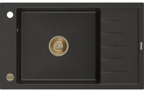 Mexen Elias granitový jednokomorový drez s odkvapkávačom 795 x 480 mm, Čierna/Zlatá metalíza, Sifón Zlatá - 6511791005-75-G