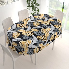 Biante Bavlnený oválny obrus Sandra SA-228 Sivé a zlaté tropické listy na čiernom 140x160 cm