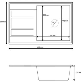 Gamma Modern 6550, 1-komorový granitový drez 650x500x210 mm s krátkym odkvapkávačom, čierna škvrnitá, GMA-ZLE000090