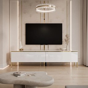 TV STOLÍK NESSIE 2 NA NOŽIČKÁCH BIELY LESK + ZLATÝ 180 cm