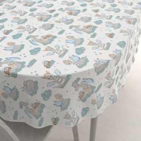 Biante Detský bavlnený oválny obrus Sandra SA-689 Dráčikovia s medvedíkmi na modrozelených obláčikoch na bielom 50x100 cm