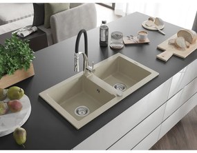 Mexen Mario, granitový drez 820x436x161 mm, 2-komorový a drezová batéria Aster, béžová, 6504-69-73450-07
