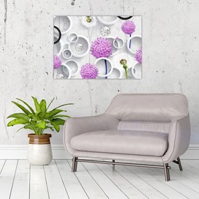 Sklenený obraz 3D abstrakcie s kruhmi a kvetinami (70x50 cm)