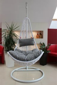 Garden Line BIELA ZÁVESNÁ STOLIČKA, VANKÚŠ – TMAVOSIVÁ, RÁM – BIELY, POLOVICA