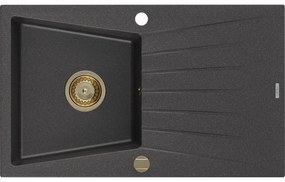 Mexen Cesar, granitový drez 775x470x190 mm, 1-komorový, čierna škvrnitá so zlatým sifónom, 6514771010-76-G