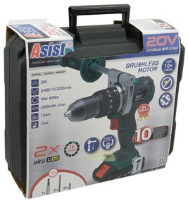 ASIST Aku vŕtačka 20V Li-Ion, bezuhlíkový motor, 2-rýchlostná