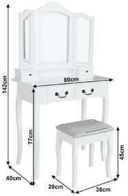 Kondela Toaletný stolík s taburetom, biela/strieborná, REGINA NEW Biela