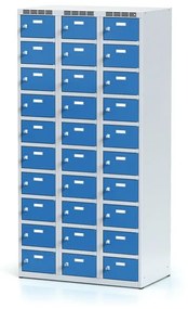 Alfa 3 Šatníková skrinka s úložnými boxami, 30 boxov, 1800 x 900 x 500 mm, otočný zámok, modré dvere