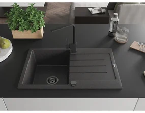 Mexen Bruno, drez granitový 795x495x200 mm, 1-komorový, čierna škvrnitá s čiernym sifónom a čierna drezová batéria Rita, 6513-76-670300-70-B
