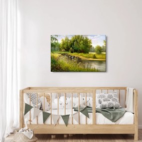 Obraz - Rieka pri lese, olejomaľba (90x60 cm)
