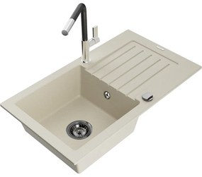 Mexen Pablo, 1-komorový granitový drez 752x436x161 mm a drezová batéria Flora, béžová, 6510-69-670401-07-B