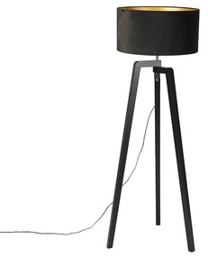 Stojaca lampa trojnožka čierna drevo s čiernym tienidlom 50 cm - Puros