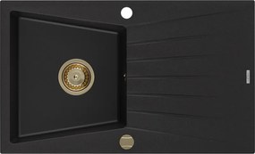 Mexen Cesar, granitový drez 775x470x190 mm, 1-komorový, čierna so zlatým sifónom, 6514771010-77-G