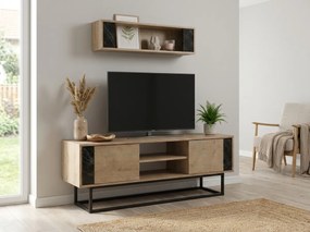 TV stolík CLARA 160 cm s nástennou policou, zafírový dub/čierny mramor