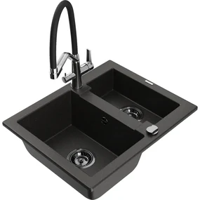 Mexen Carlos, 1,5-komorový granitový drez 582x475x177 mm a drezová batéria Duo, čierna-zlatá metalíza, 6518-75-671701-07-B